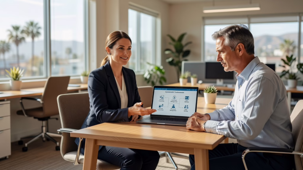 Office manager reviewing a cybersecurity checklist on a laptop at a small business desk
