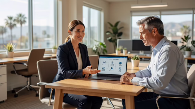 Office manager reviewing a cybersecurity checklist on a laptop at a small business desk