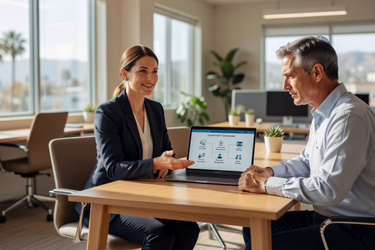 Office manager reviewing a cybersecurity checklist on a laptop at a small business desk