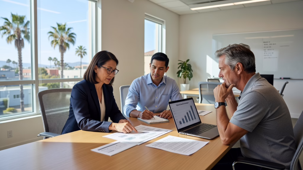 Office team reviewing a disaster recovery plan document during a meeting