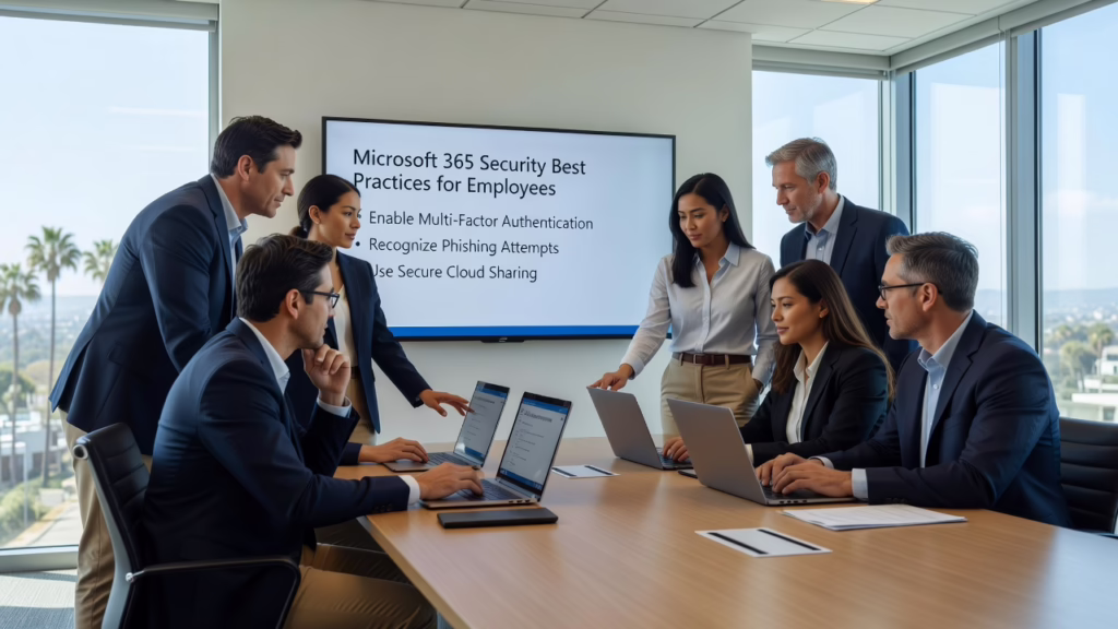 Office employee logging into Microsoft 365 with multi-factor authentication prompt on screen