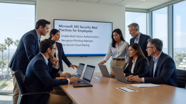 How to Improve Microsoft 365 Security for Employees – Featured Image Office employee logging into Microsoft 365 with multi-factor authentication prompt on screen
