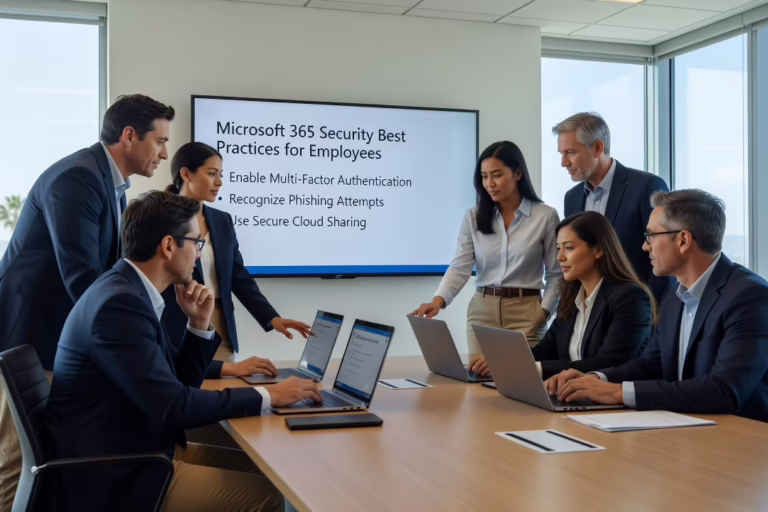 How to Improve Microsoft 365 Security for Employees – Featured Image Office employee logging into Microsoft 365 with multi-factor authentication prompt on screen