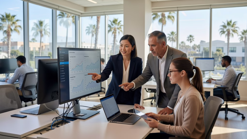 Office manager reviewing a help desk ticket dashboard on a laptop screen