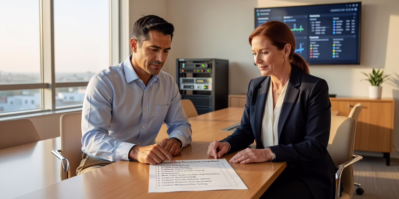 Ransomware Prevention Checklist for Small Businesses – Featured Image Office manager reviewing a cybersecurity checklist on a laptop at a small business desk