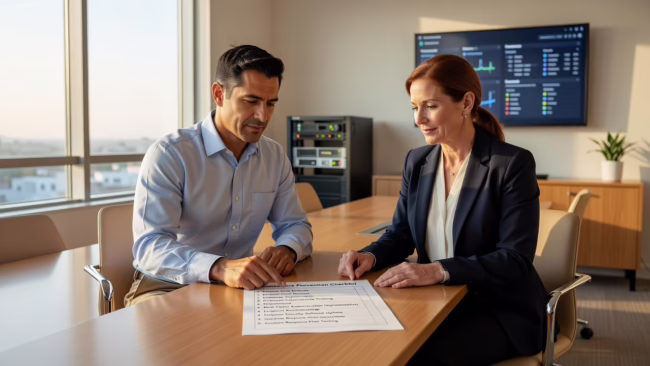 Office manager reviewing a cybersecurity checklist on a laptop at a small business desk