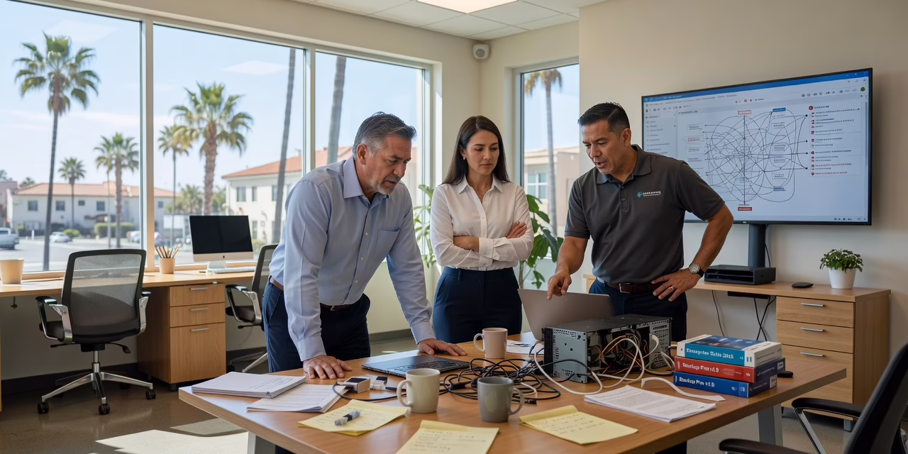 Technology Planning Mistakes Small Businesses Make – Featured Image Small business office manager reviewing an IT planning checklist on a laptop