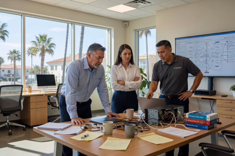 Technology Planning Mistakes Small Businesses Make – Featured Image Small business office manager reviewing an IT planning checklist on a laptop