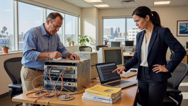 Warning Signs Your IT Provider Is Not Keeping Up – Featured Image Office manager reviewing an IT support ticket log on a laptop, looking concerned at repeated unresolved issues