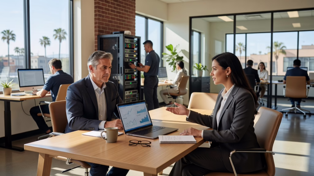 Office manager reviewing IT support options on a laptop with a technician on a video call