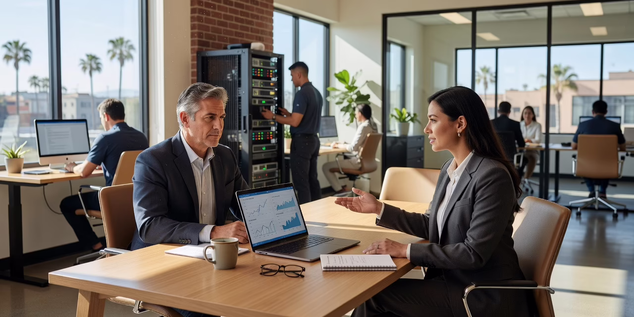 When Should a Business Outsource IT Support? – Featured Image Office manager reviewing IT support options on a laptop with a technician on a video call