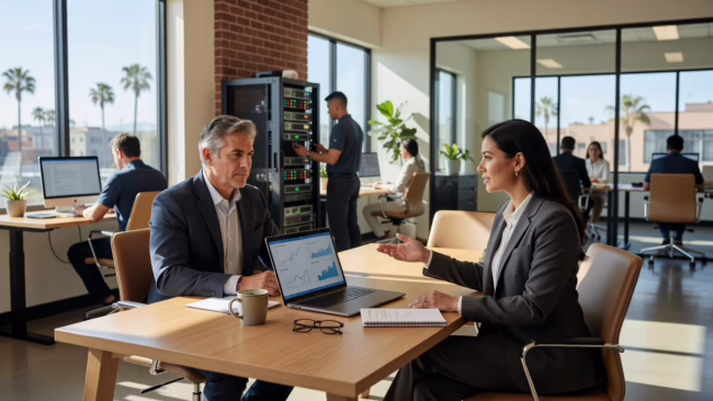 When Should a Business Outsource IT Support? – Featured Image Office manager reviewing IT support options on a laptop with a technician on a video call