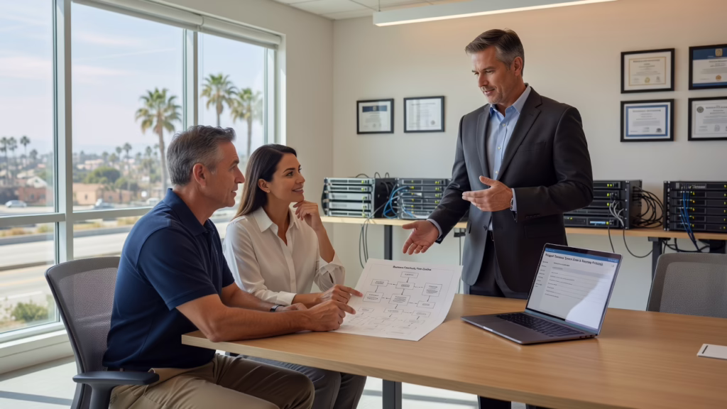 Office manager reviewing a business continuity checklist on a laptop at a desk