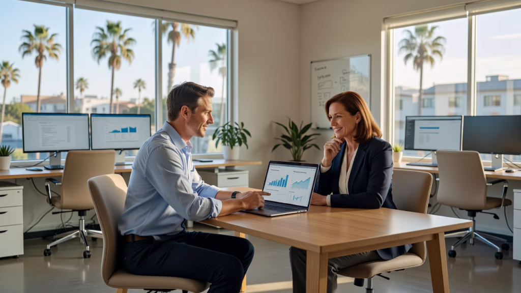 Small business owner reviewing an IT services invoice and budget spreadsheet at a desk