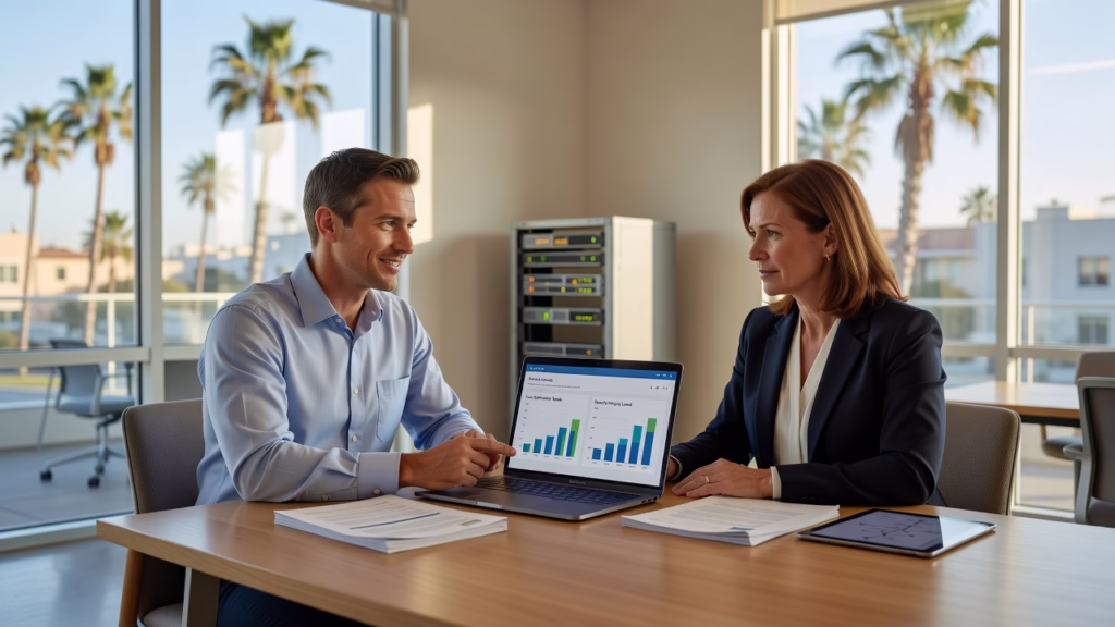 Office manager reviewing IT budget spreadsheets and security reports on a laptop