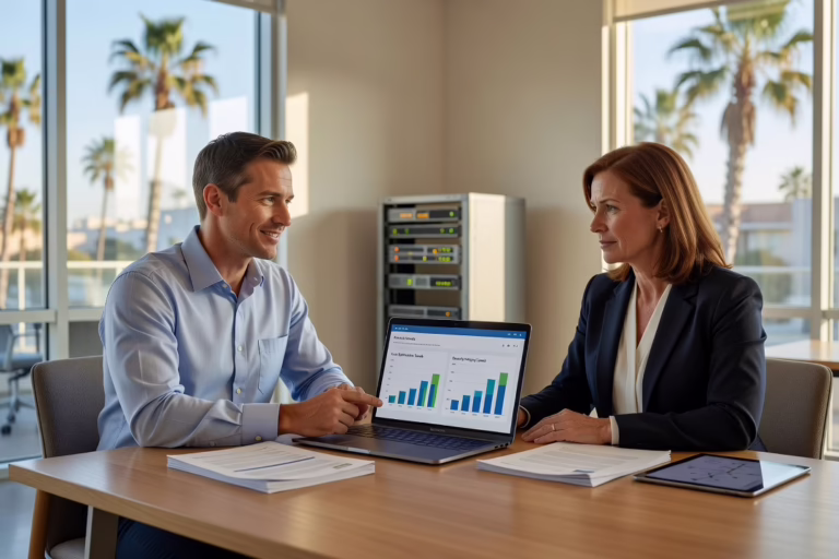 How to Reduce IT Costs Without Cutting Security – Featured Image Office manager reviewing IT budget spreadsheets and security reports on a laptop