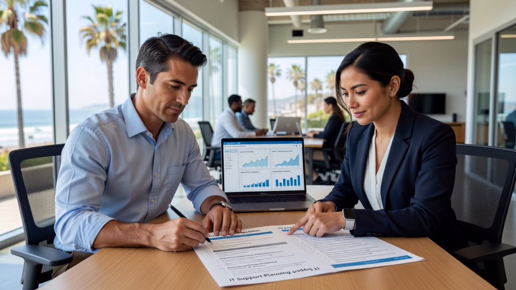 Office manager reviewing an IT checklist with network equipment and multiple office locations shown on a map