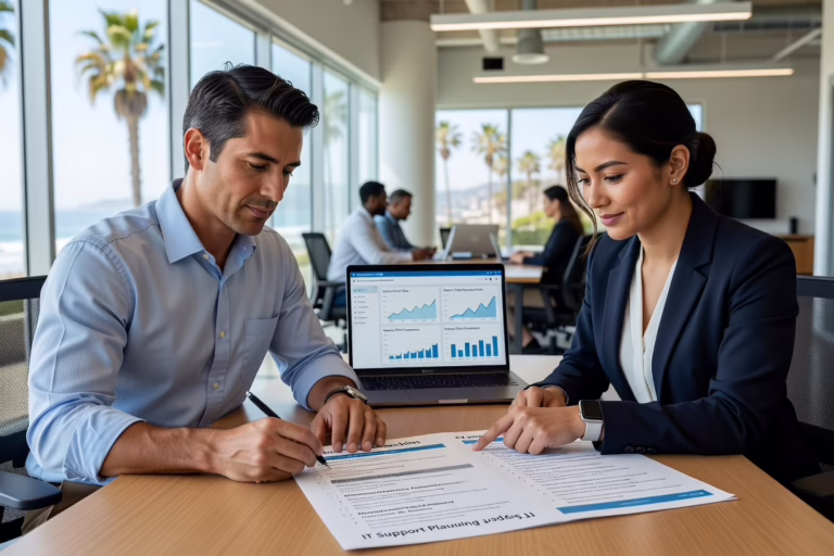 IT Support Planning Checklist for Multi-Location Businesses – Featured Image Office manager reviewing an IT checklist with network equipment and multiple office locations shown on a map