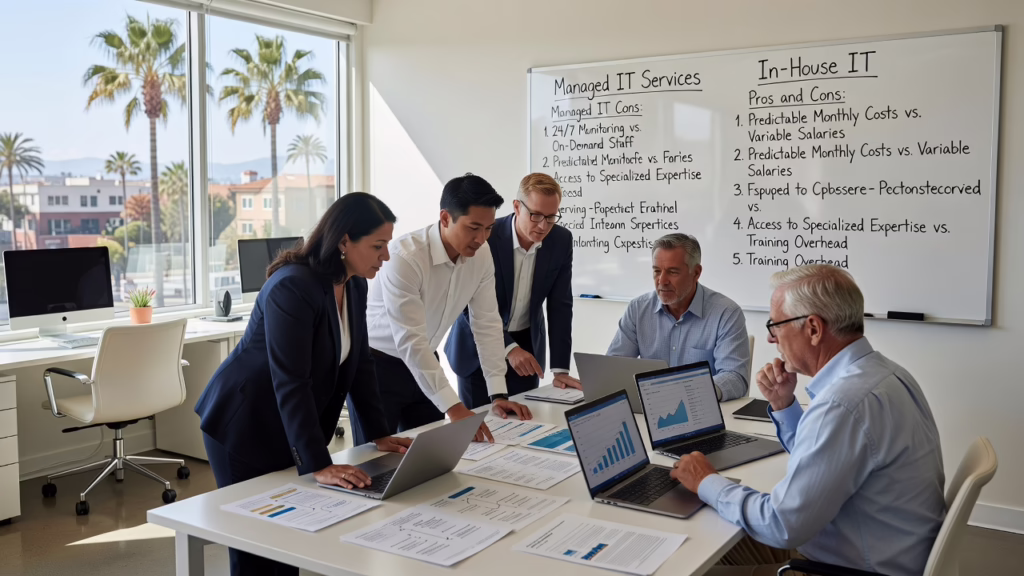 Office manager and IT technician reviewing a network status dashboard together