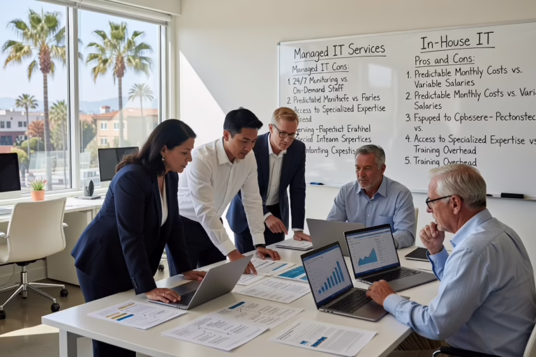 Managed IT Services vs In House IT: How to Decide – Featured Image Office manager and IT technician reviewing a network status dashboard together