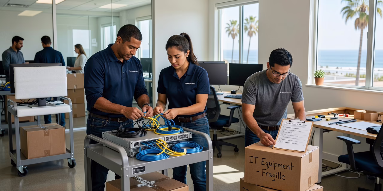 Office manager reviewing a moving checklist next to unplugged computer and network equipment boxes