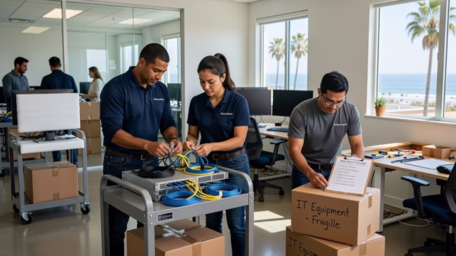 Office manager reviewing a moving checklist next to unplugged computer and network equipment boxes