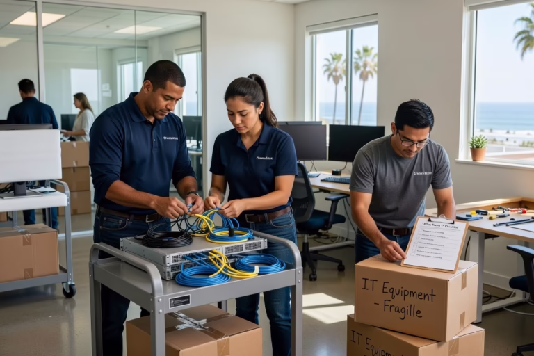 Office manager reviewing a moving checklist next to unplugged computer and network equipment boxes