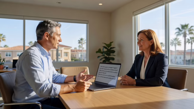 An internal IT staff member and an outside IT technician reviewing a support ticket dashboard together