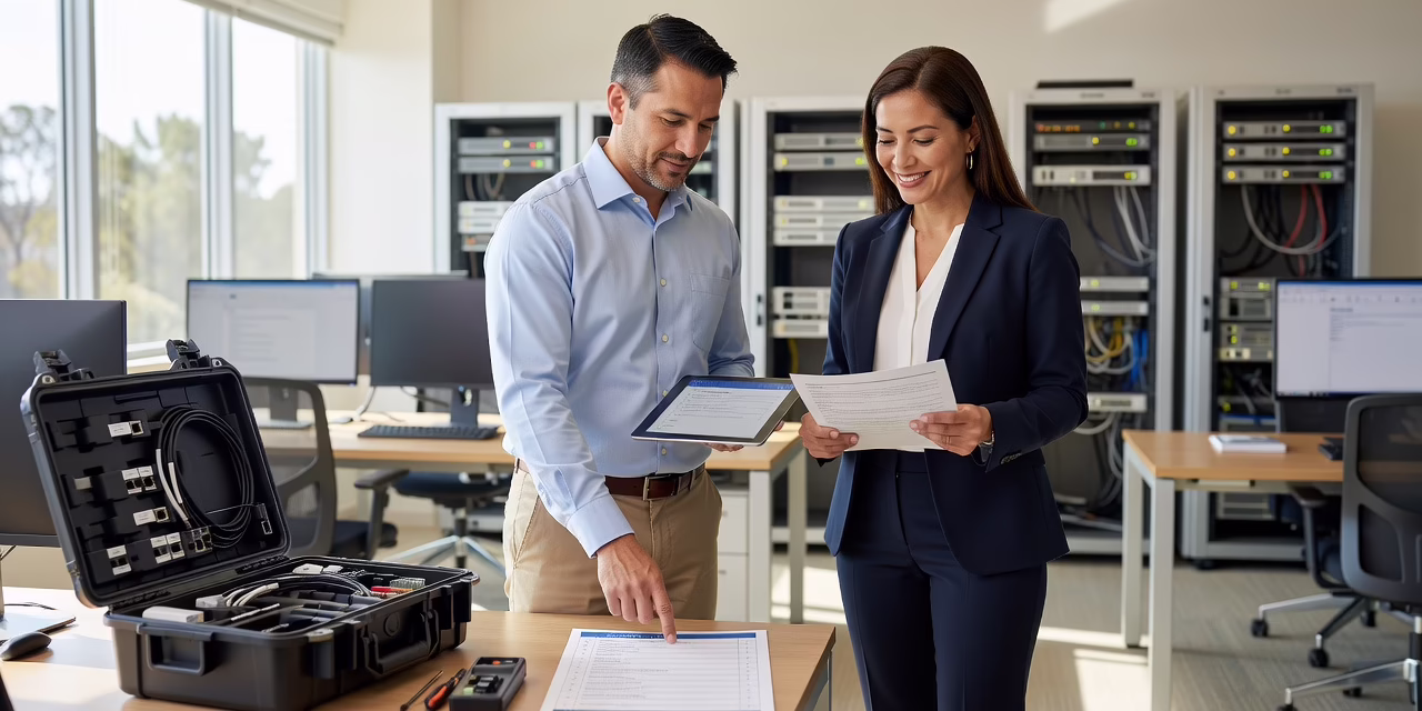 Technology Checklist for Relocating an Office – Featured Image Office movers and IT staff setting up computer equipment and network cables in a new office space