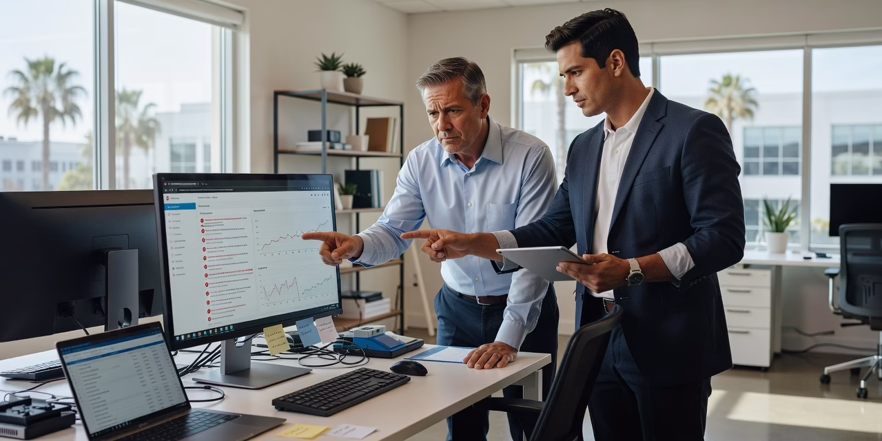 When Recurring IT Issues Become a Business Risk – Featured Image Office manager reviewing a log of repeated computer and network problems at a desk