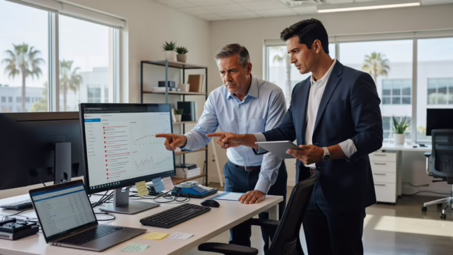 Office manager reviewing a log of repeated computer and network problems at a desk