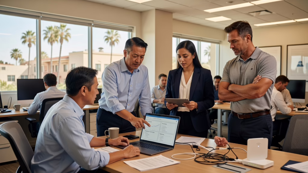 Office employee looking frustrated at a laptop near a wall-mounted WiFi router