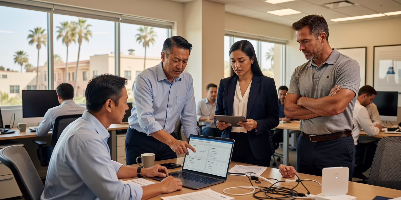 Office employee looking frustrated at a laptop near a wall-mounted WiFi router