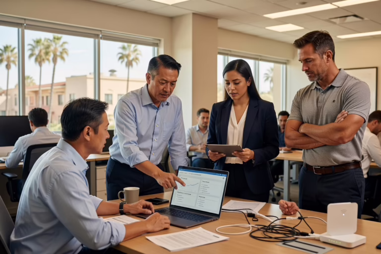 Why Business WiFi Keeps Slowing Down at the Office – Featured Image Office employee looking frustrated at a laptop near a wall-mounted WiFi router