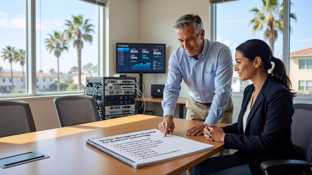 Office manager reviewing a printed technology vendor checklist next to a laptop at a desk