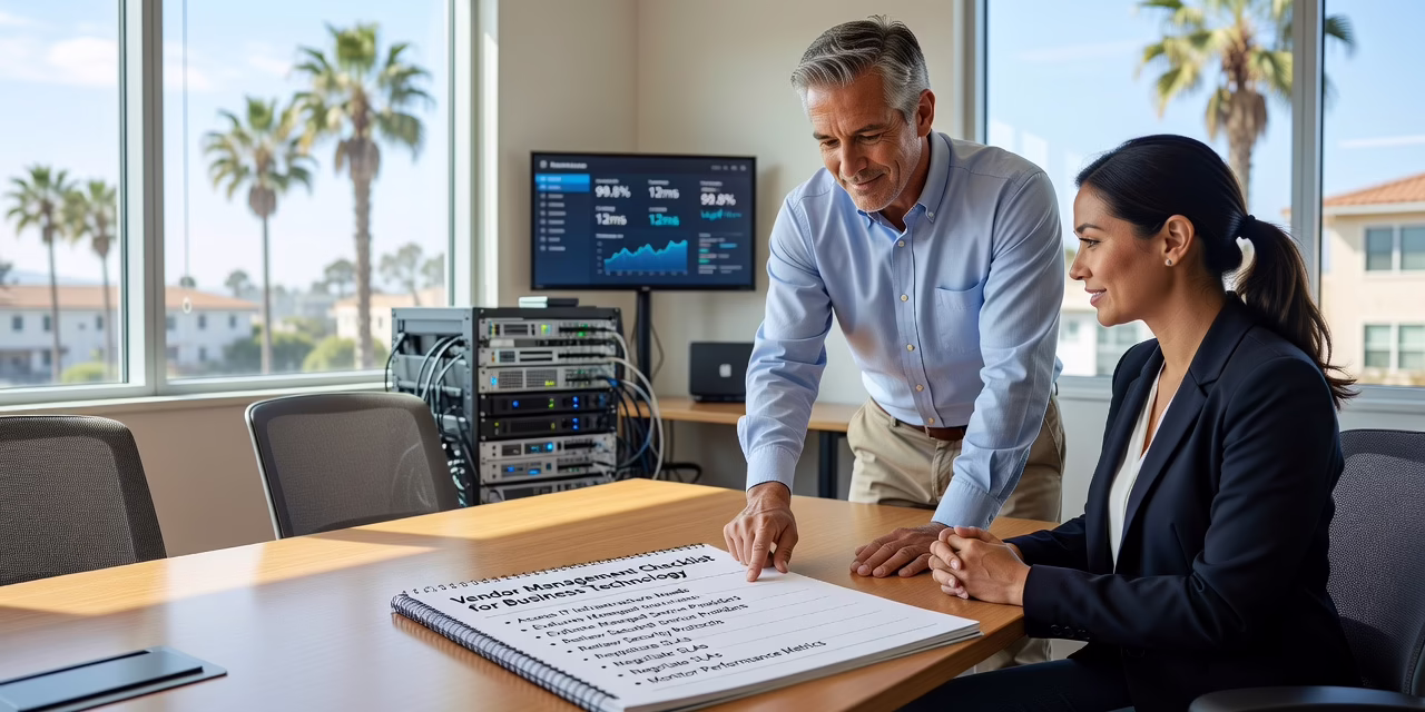 A Vendor Management Checklist for Business Technology – Featured Image Office manager reviewing a printed technology vendor checklist next to a laptop at a desk