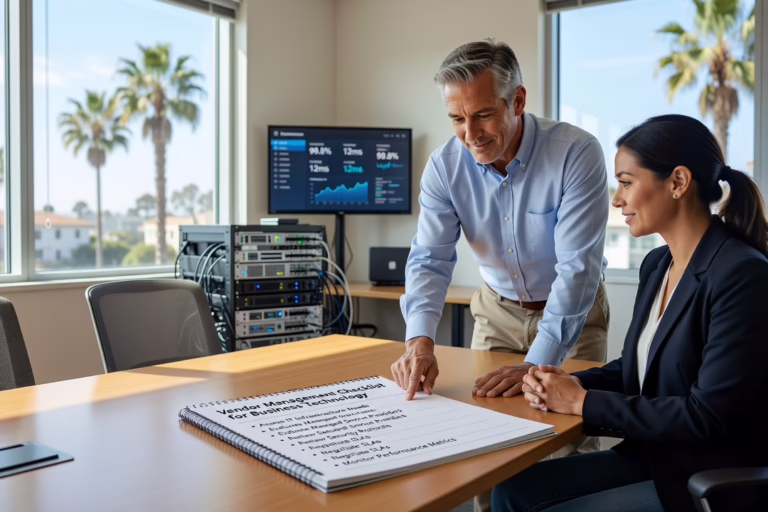 A Vendor Management Checklist for Business Technology – Featured Image Office manager reviewing a printed technology vendor checklist next to a laptop at a desk