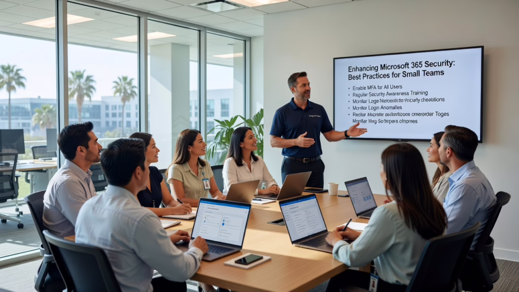 Office employee reviewing Microsoft 365 security settings on a laptop screen