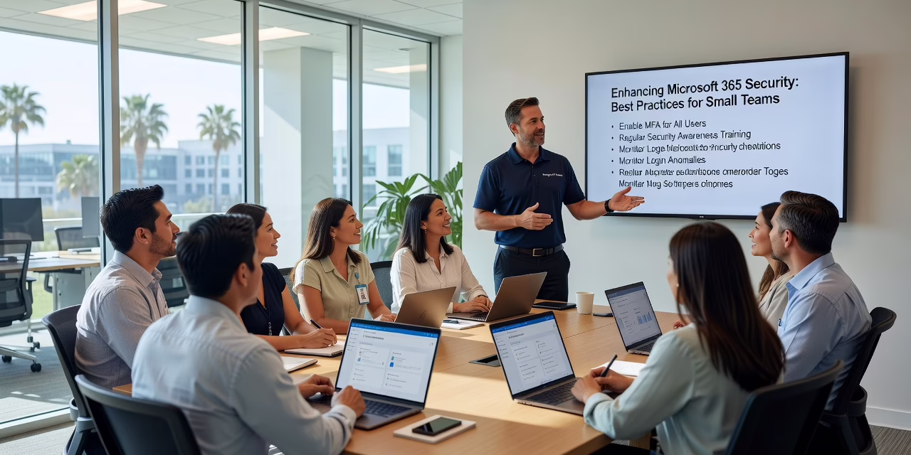 How to Improve Microsoft 365 Security for Employees – Featured Image Office employee reviewing Microsoft 365 security settings on a laptop screen