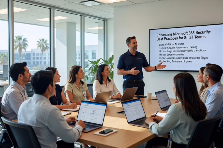 Office employee reviewing Microsoft 365 security settings on a laptop screen