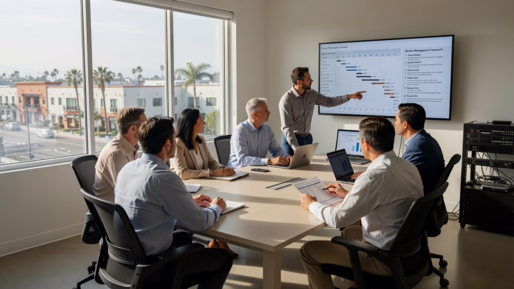 Office manager reviewing a vendor contact list next to a laptop and phone