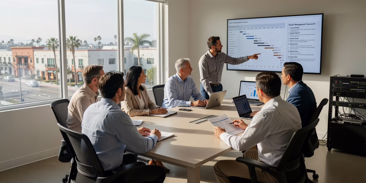 How to Manage Multiple Technology Vendors Without Chaos – Featured Image Office manager reviewing a vendor contact list next to a laptop and phone