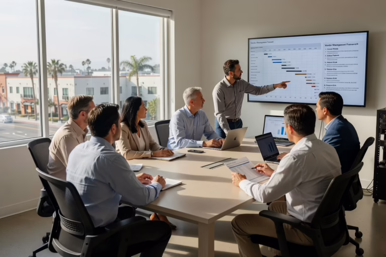 How to Manage Multiple Technology Vendors Without Chaos – Featured Image Office manager reviewing a vendor contact list next to a laptop and phone