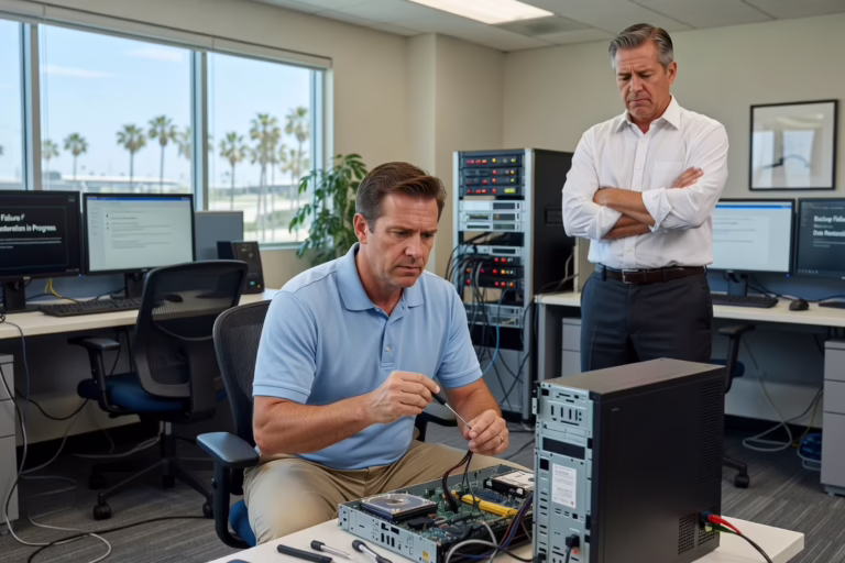 What Happens When Business Backups Fail – Featured Image Office manager reviewing a backup status report on a computer screen