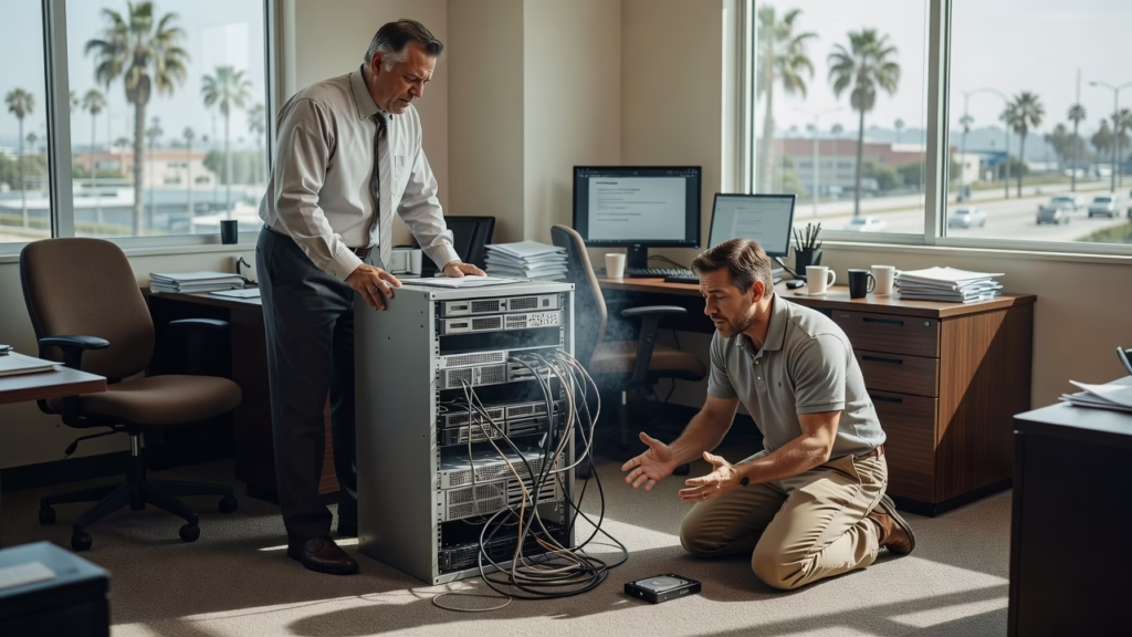 IT technician checking a backup server and restore status on a laptop in a small office server room