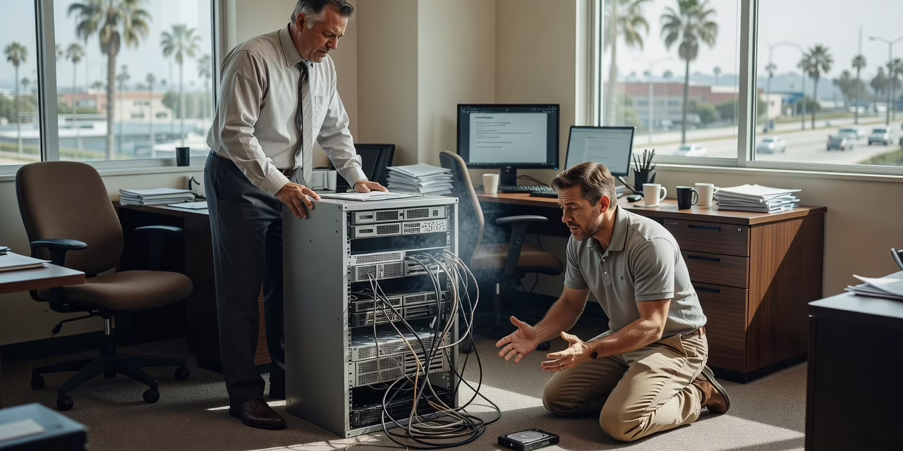 Backup and Disaster Recovery Mistakes Businesses Make – Featured Image IT technician checking a backup server and restore status on a laptop in a small office server room