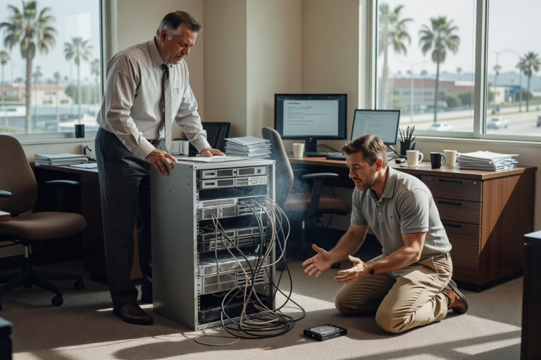IT technician checking a backup server and restore status on a laptop in a small office server room