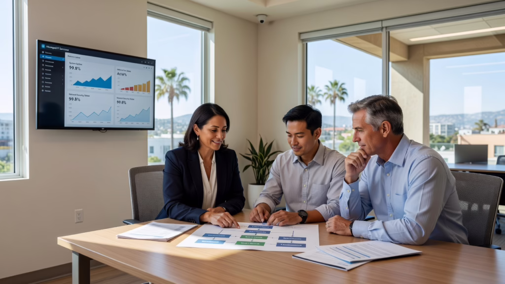 Small office team gathered around a conference table reviewing a printed continuity checklist beside a laptop