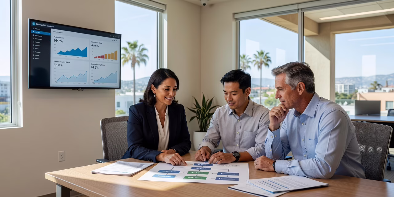 Business Continuity Planning for Small Businesses – Featured Image Small office team gathered around a conference table reviewing a printed continuity checklist beside a laptop