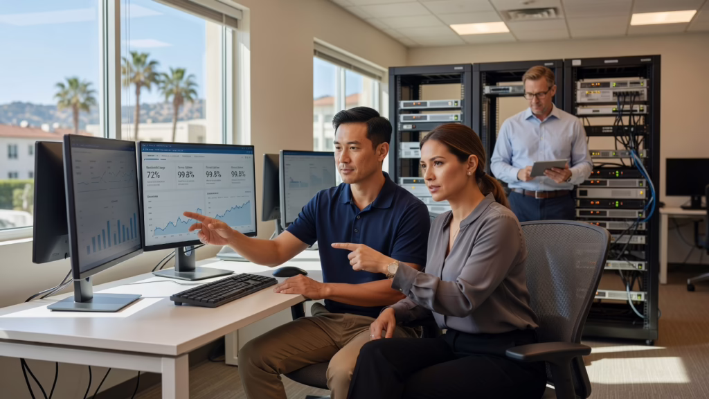 Two IT staff members and an outside technician reviewing a network diagram together at a conference table